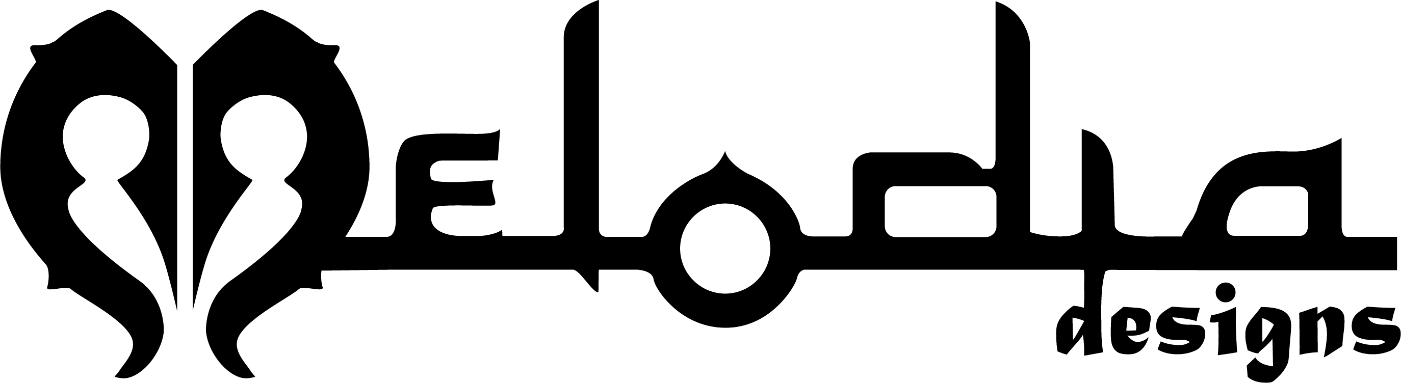 Black Melodia Designs logo with stylized text 'Melodia designs' on a white background
