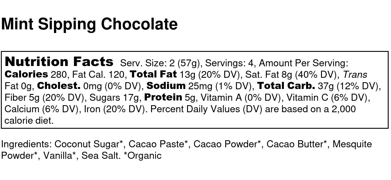 Discover the nutrition facts and ingredients for chocolita.com’s Exotic Mint Sipping Chocolate—vegan, mint chocolate flavor, with calories, fat, sugars, protein, vitamins, minerals, and low-glycemic cocoa powders and vanilla.