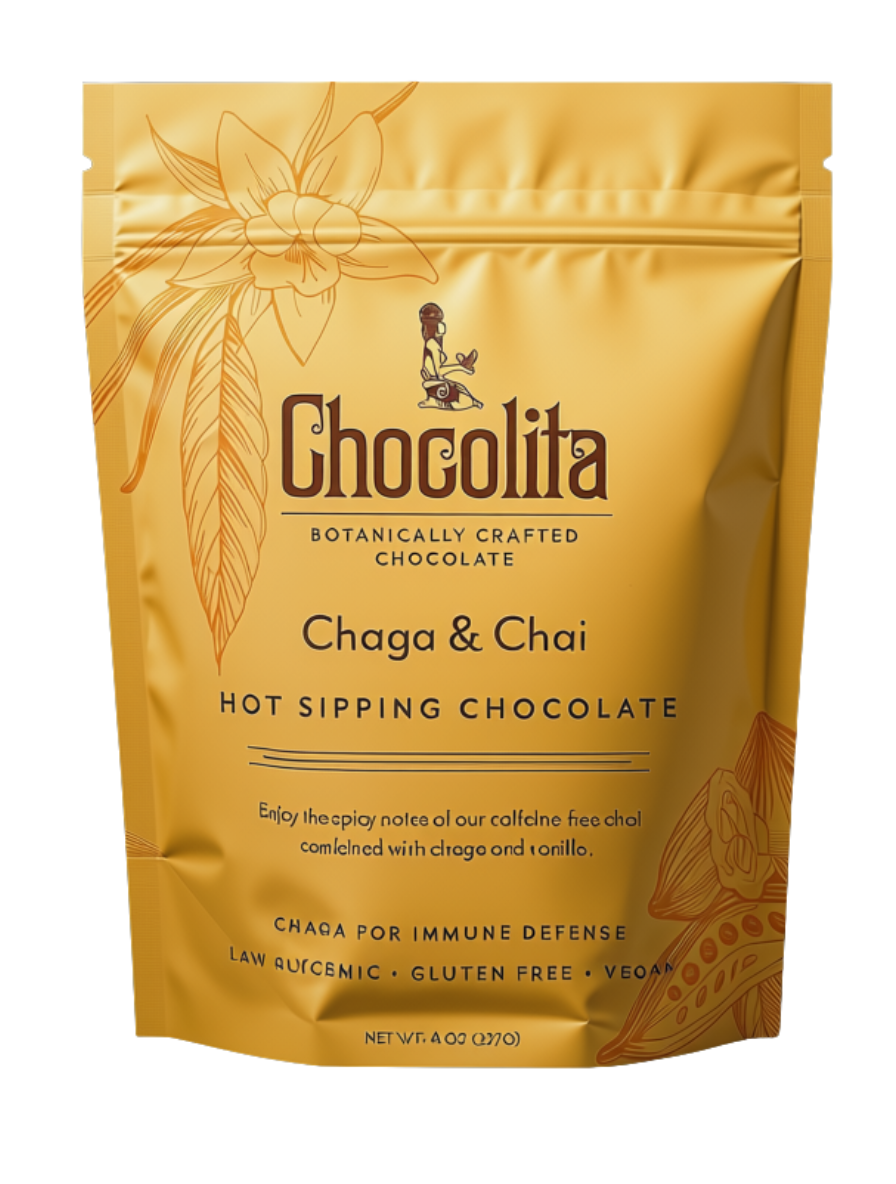 A gold bag of Chaga & Chai Sipping Chocolate by chocolita.com is infused with medicinal mushroom chocolate goodness and features botanical illustrations, along with text highlighting its immune defense support, low glycemic index, gluten-free, and vegan benefits.