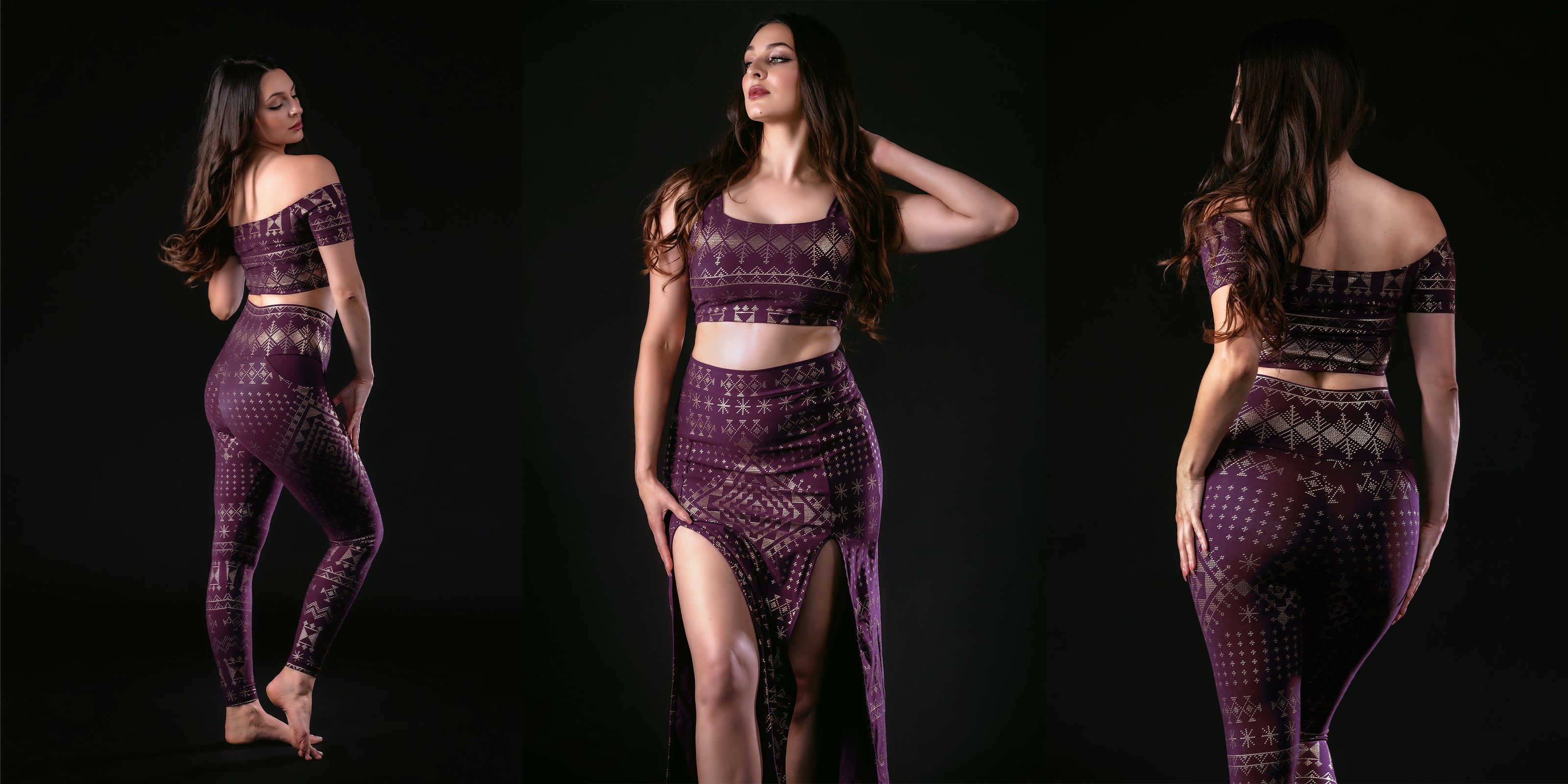 Woman modeling a purple outfit from Melodia Designs with a black background