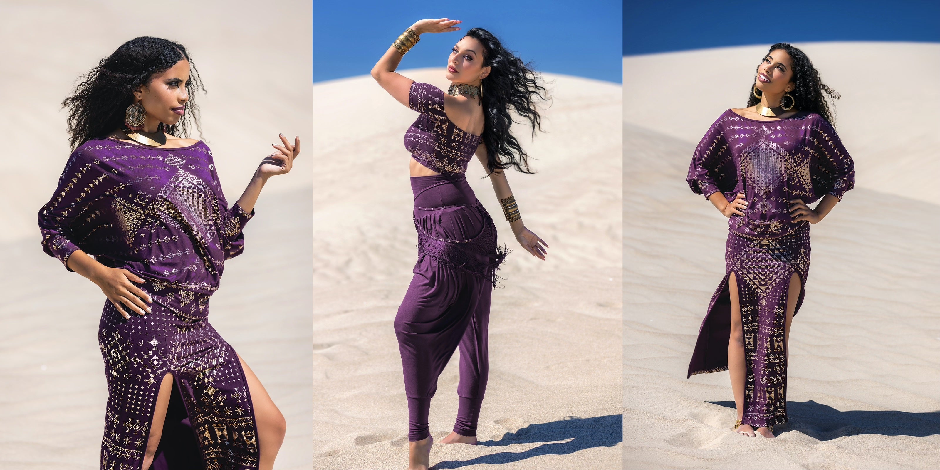 Woman in a aubergine Melodia Designs  outfit posing against a white sand dune.
