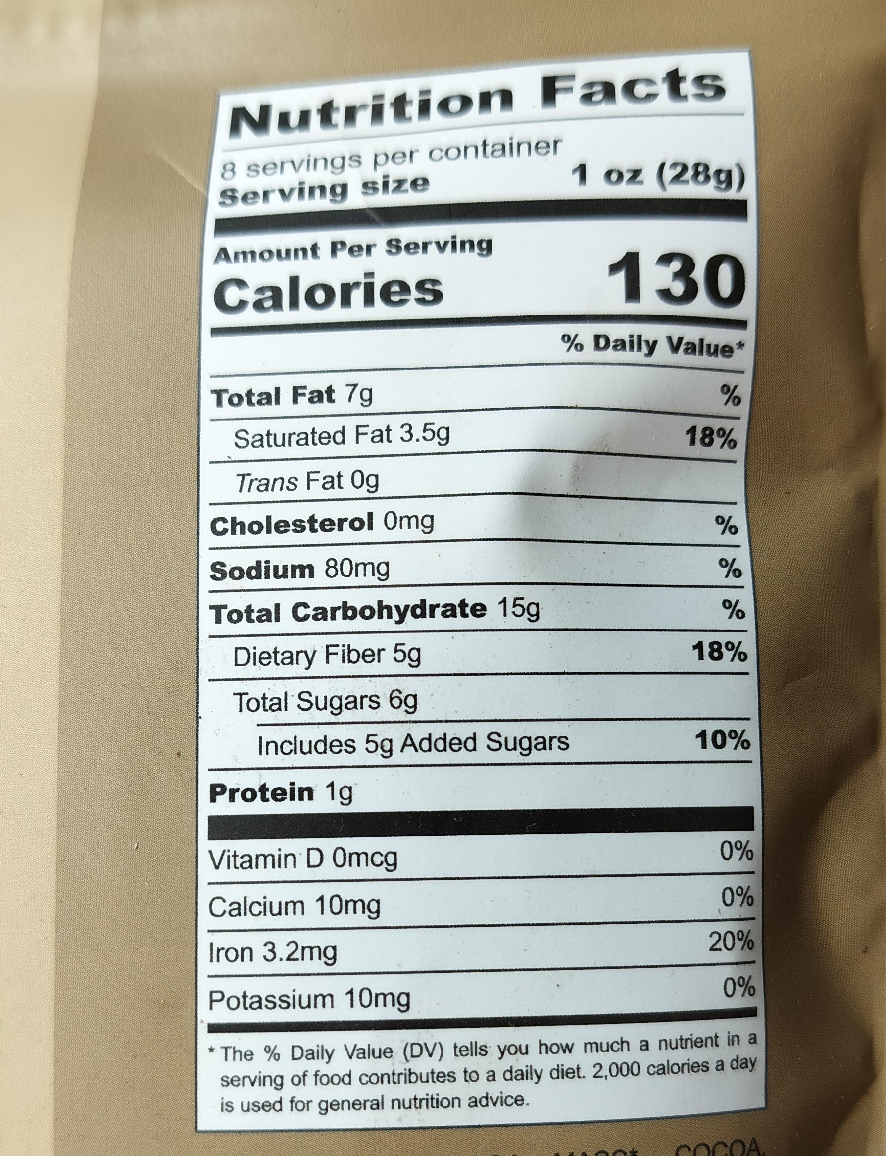 A close-up of the nutrition label for Mushroom Cocoa Sipping Chocolate by chocolita.com shows 130 calories per 28g serving, with 7g fat, 15g carbs (6g sugars), 1g protein, and other nutrient information.