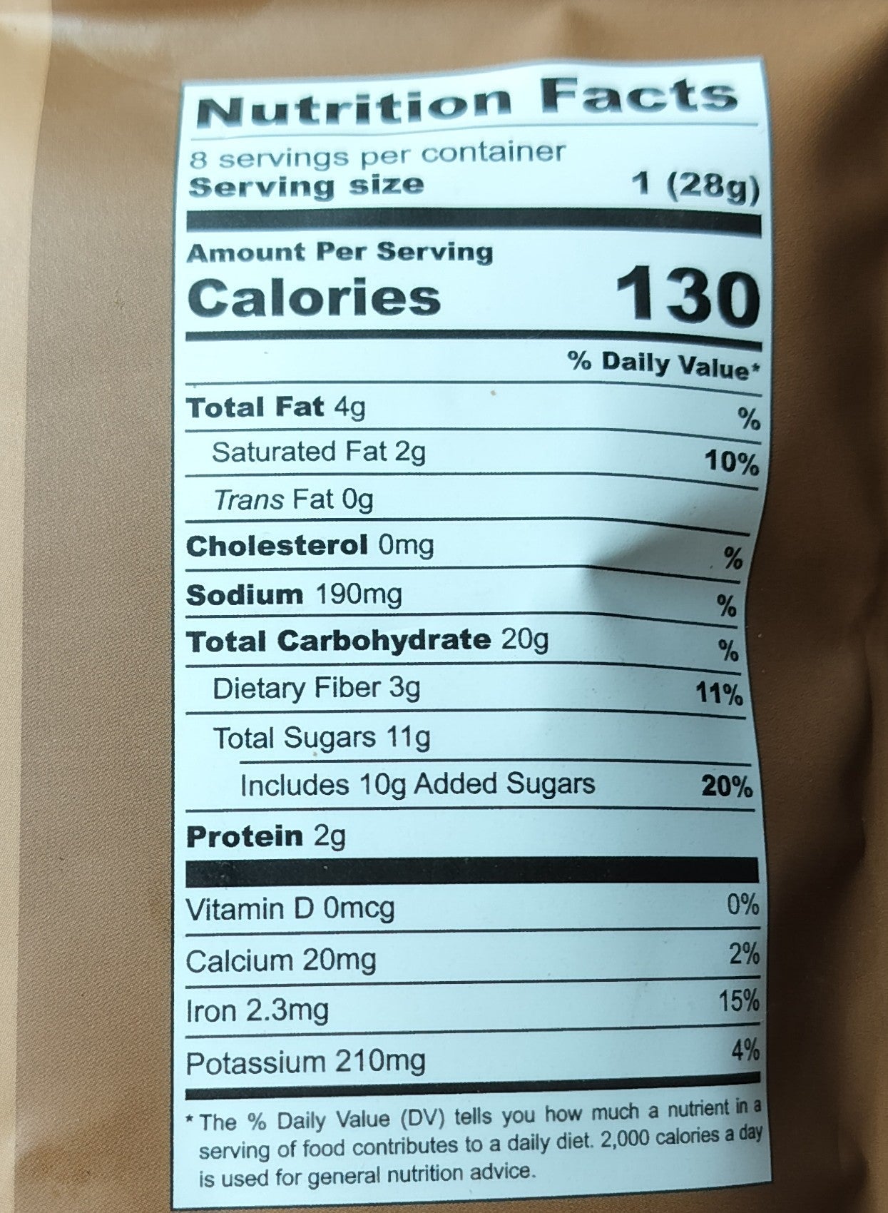 Close-up of the nutrition label for chocolita.com Dark & Sweet Sipping Chocolate, made with Ecuadorian Arriba Nacional Cacao: 130 calories, 4g fat, 20g carbs, and 2g protein per 28g serving, plus sugars, sodium, vitamins & minerals.