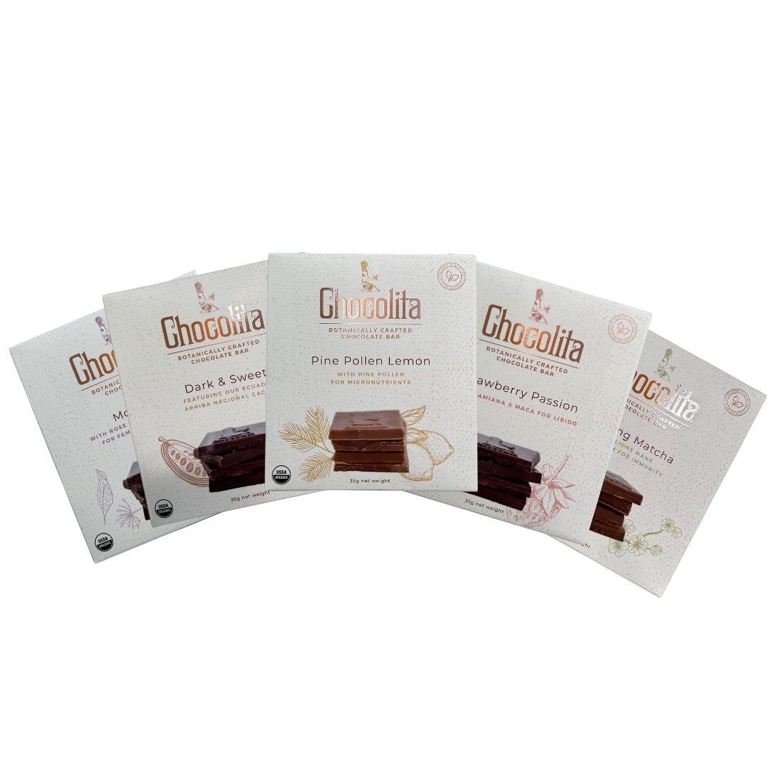 Five chocolita.com Variety Set (5 Bars) packages, featuring flavors like 80% dark and botanical chocolate, are arranged in a fan shape. Each bar highlights a unique flavor with vibrant illustrations of its ingredients.