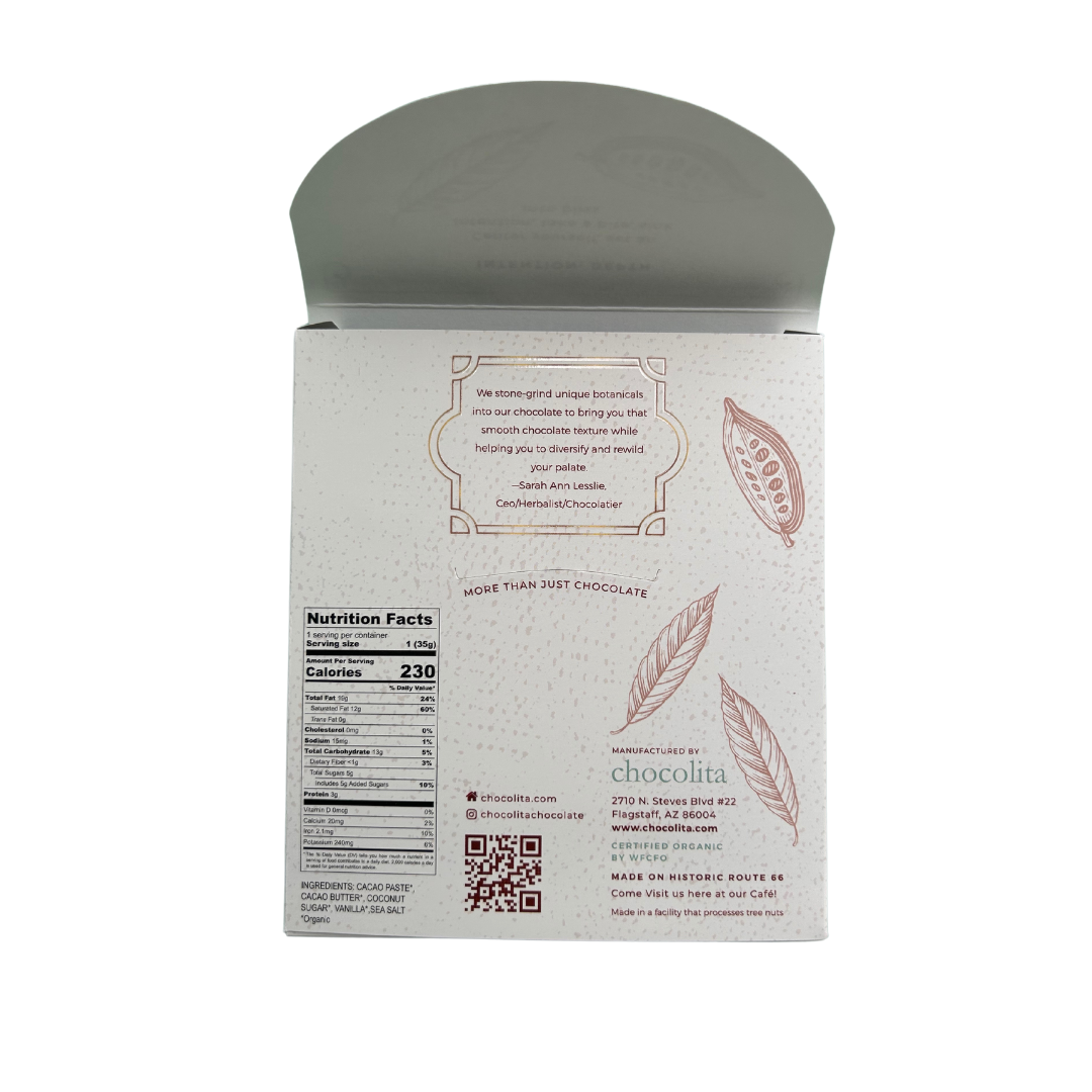 The back of the ECUADOR- Dark & Sweet box from chocolita.com features text, a QR code, cacao art, nutrition facts, and contact details. It highlights Fino De Aroma cacao and a high cacao percentage with a partially open top lid.