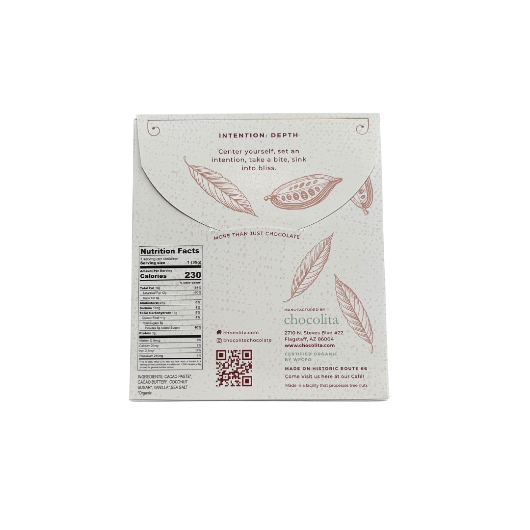 Back of an ECUADOR- Dark & Sweet bar from chocolita.com features cacao pod art, nutrition facts, QR code, company info, and the phrase: Center yourself, set an intention, take a bite of raw dark chocolate, sink into bliss.