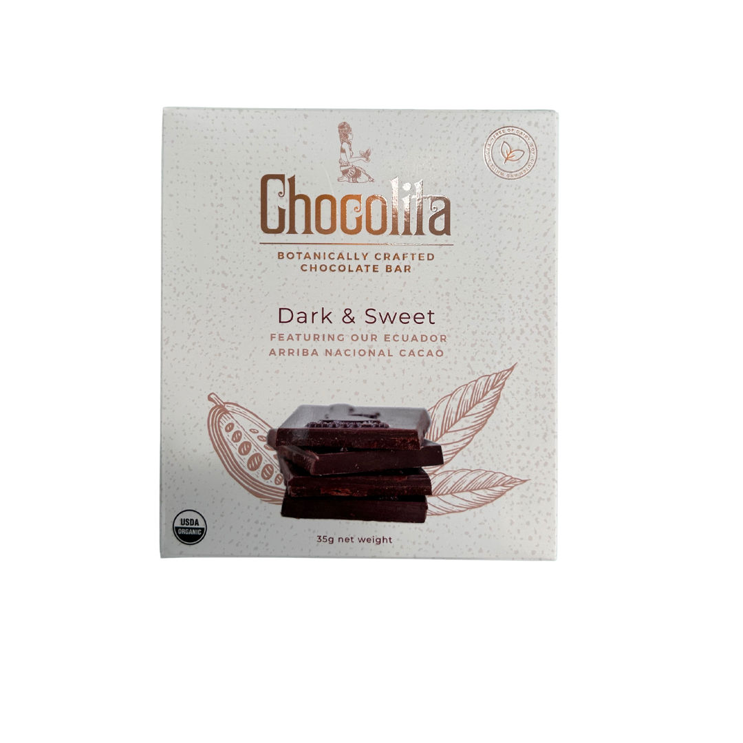A 35g Chocolita.com ECUADOR–Dark & Sweet bar made from Arriba Nacional Fino De Aroma cacao, in white packaging with cocoa bean illustrations and USDA organic logo. This raw chocolate boasts a high cacao percentage.