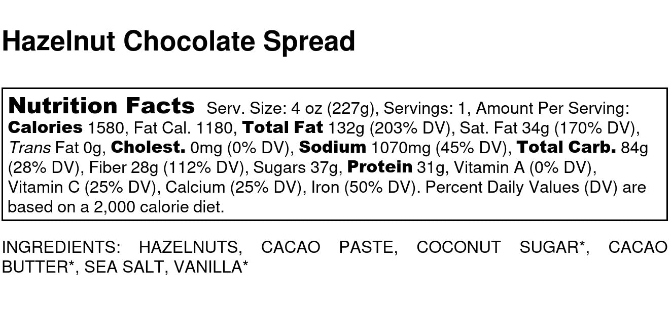 Chocolita.com Hazelnut Chocolate Spread nutrition: per 4 oz—1180 calories, 83g fat, 84g carbs, 31g protein. Ingredients: hazelnuts, cacao paste, coconut sugar, cacao butter, sea salt, vanilla.