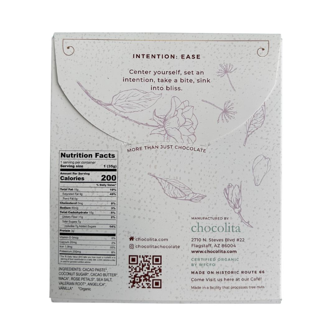 The back of a chocolita.com EASE- Moontime Rose bar features nutrition facts, ingredients, company info, a QR code, and cacao art. Top text reads: Intention: Ease—crafted with Female Cycle Herbs for natural hormone balancing.
