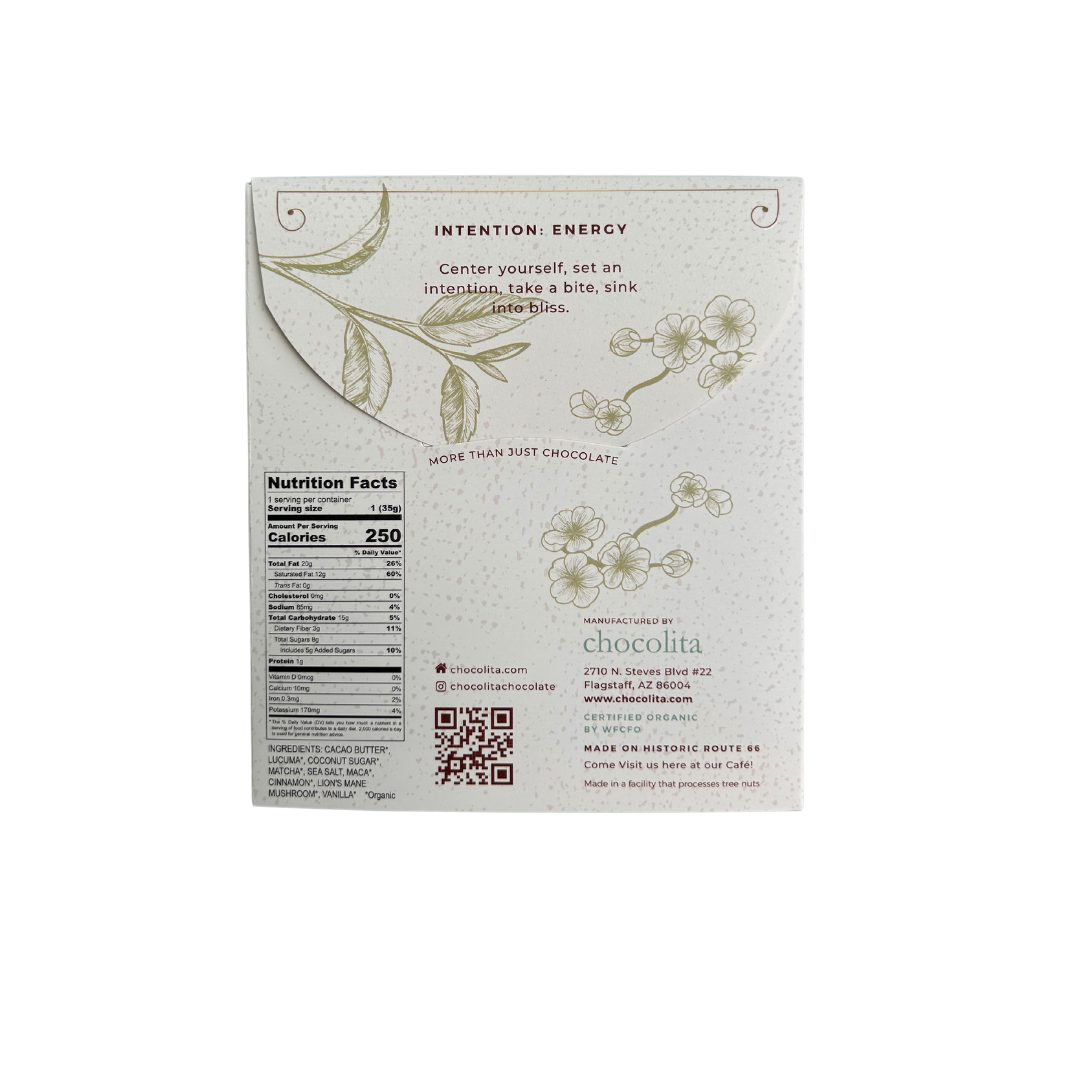 Back of an ENERGY- Morning Matcha bar by chocolita.com, featuring floral art, nutrition facts, a QR code, brand info, and a mindful reminder to center yourself and set an intention before enjoying this energizing treat.