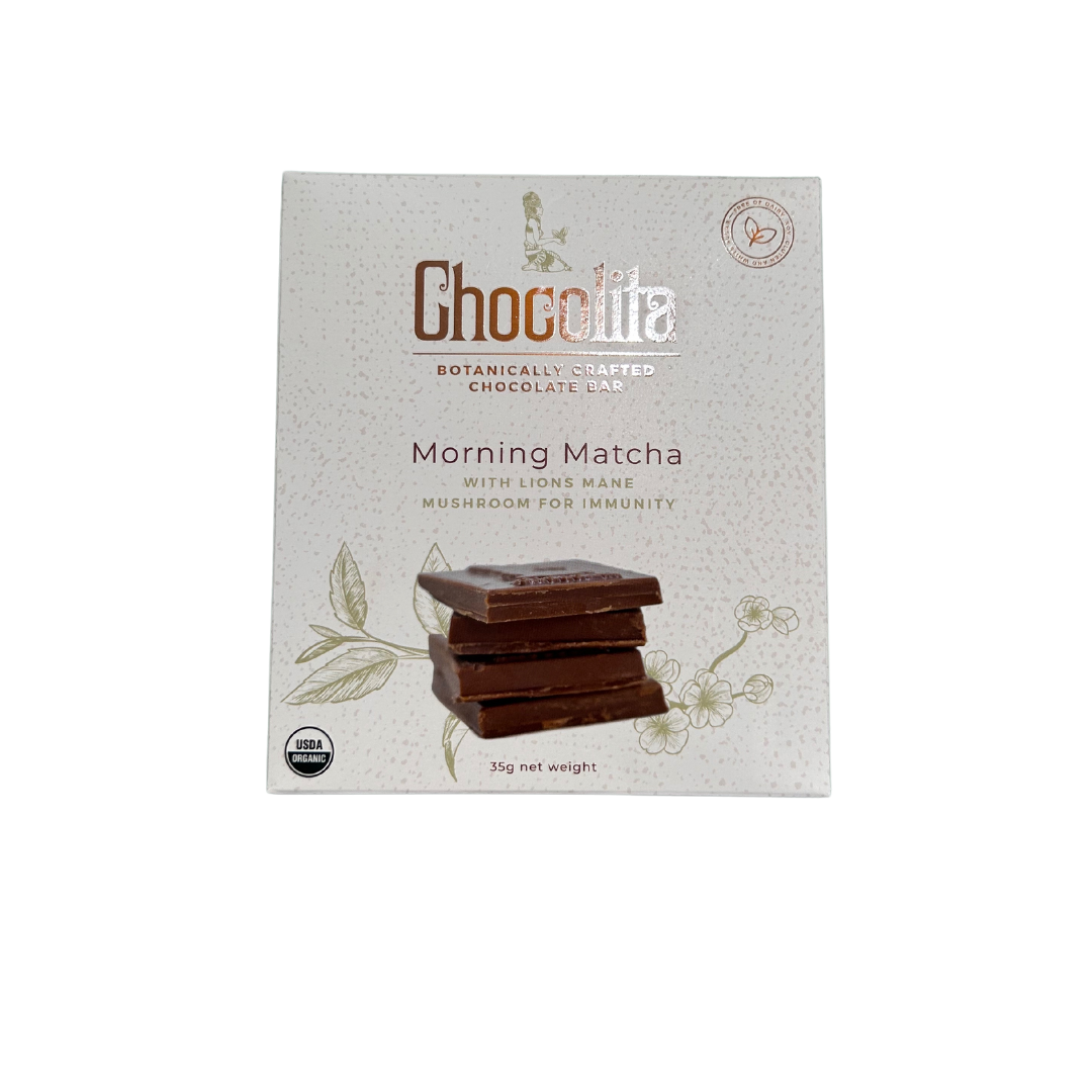 A box of ENERGY- Morning Matcha by chocolita.com, featuring chocolate pieces on the front. The packaging highlights Lion’s Mane Mushroom for immunity and is labeled botanically crafted and USDA organic.