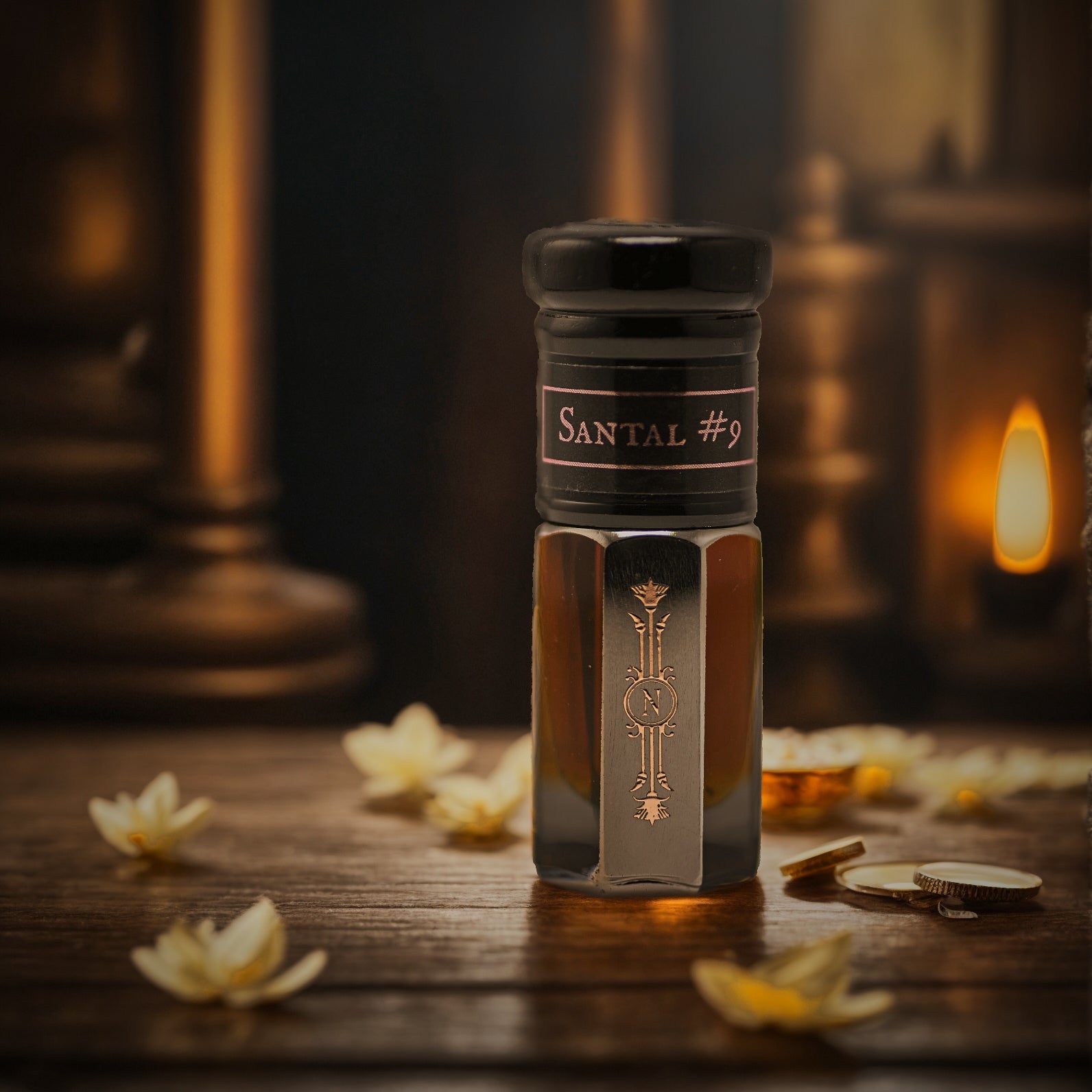 A bottle of Santal #9 by Nefertem Perfume Co. rests on wood, accented by white petals and a glowing candle in soft light—evoking the warm allure of this modern sandalwood fragrance.
