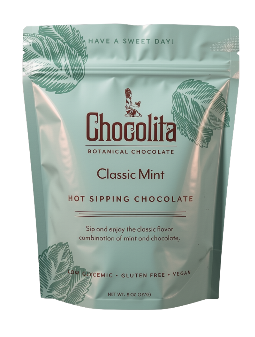 A teal pouch of chocolita.com Exotic Mint Sipping Chocolate featuring leaf designs and product information, including botanical chocolate, low-glycemic, gluten free, and vegan sipping chocolate.